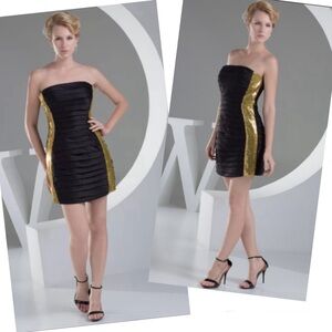 Sherri Hill Strapless Bandage Dress Black Gold Mini Cocktail Pleated Bodycon LBD